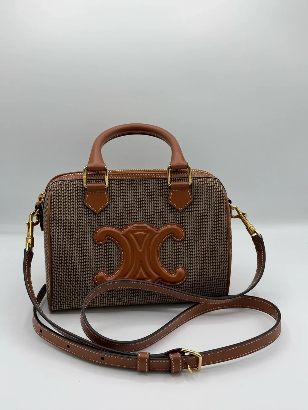 Celine Brown Houndstooth Satchel with Tan Leather Trim